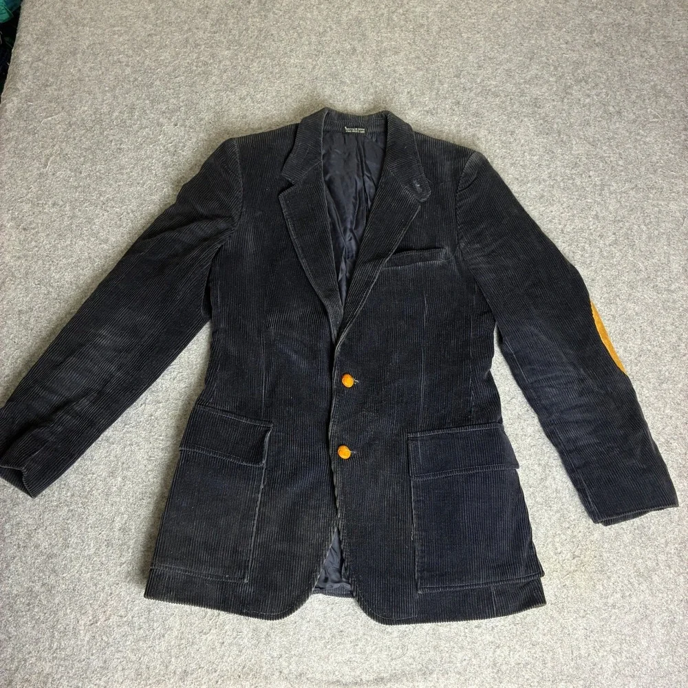 Vintage Jaguar 4/40 Mens 36R Corduroy Blazer Sport Coat Elbow Patches Navy Black